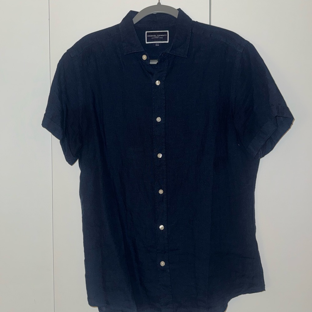 NWT Charles Tyrwhitt Navy Short-Sleeve Button-Up Linen Shirt